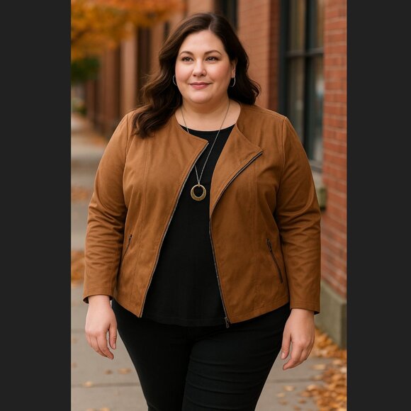 J. Jill Vegan Faux Suede Moto Jacket 3X Acorn Brown Soft Fall Zip Pockets Fall - Picture 1 of 15